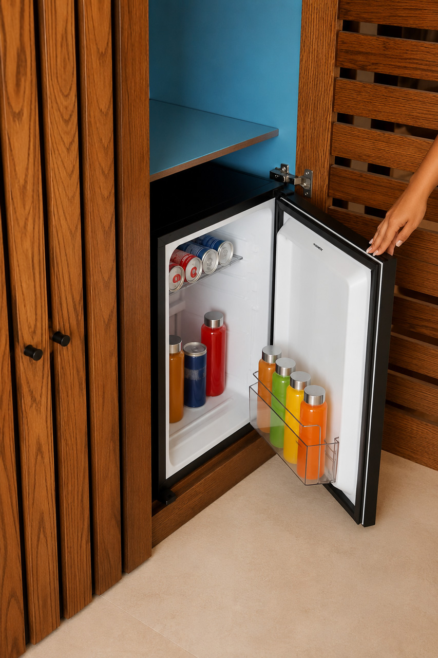 Open minibar with drinks and snacks.
