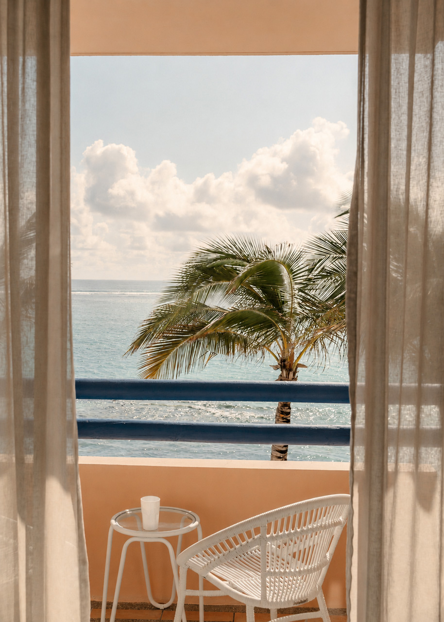 Ocean-view balcony at Bang on Beach with lounge chair overlooking the sea.
