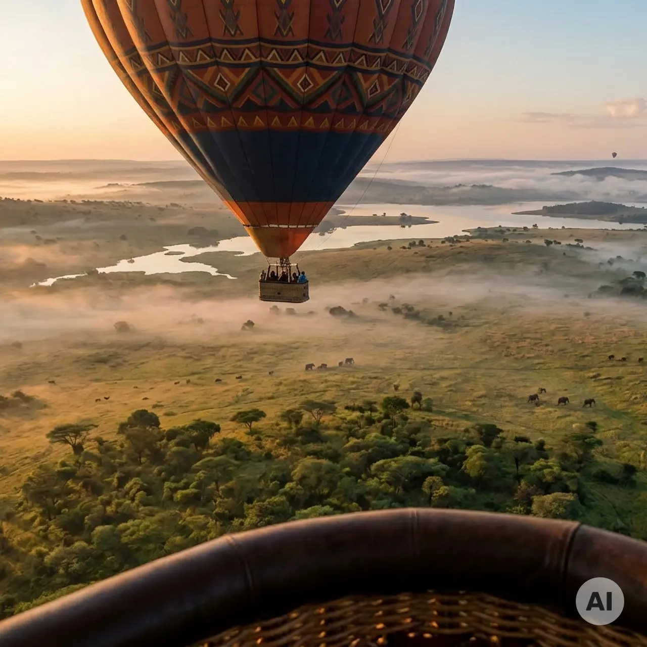 AI-generated image - Hot air balloon safari over Akagera’s misty savannah.