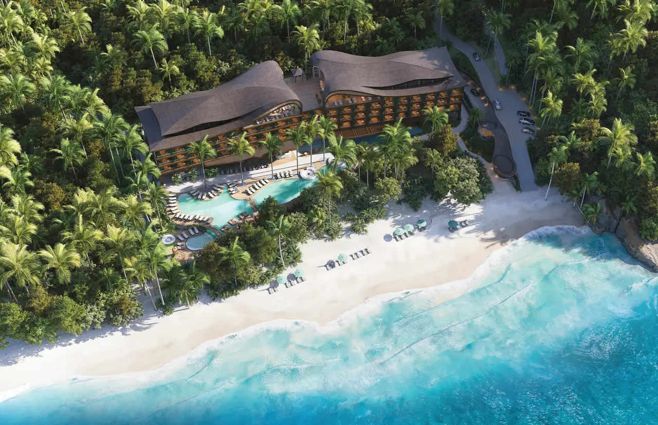 CGI Rendering - Aerial view of SALT of Virgin Beach surrounded by tropical forest and ocean.