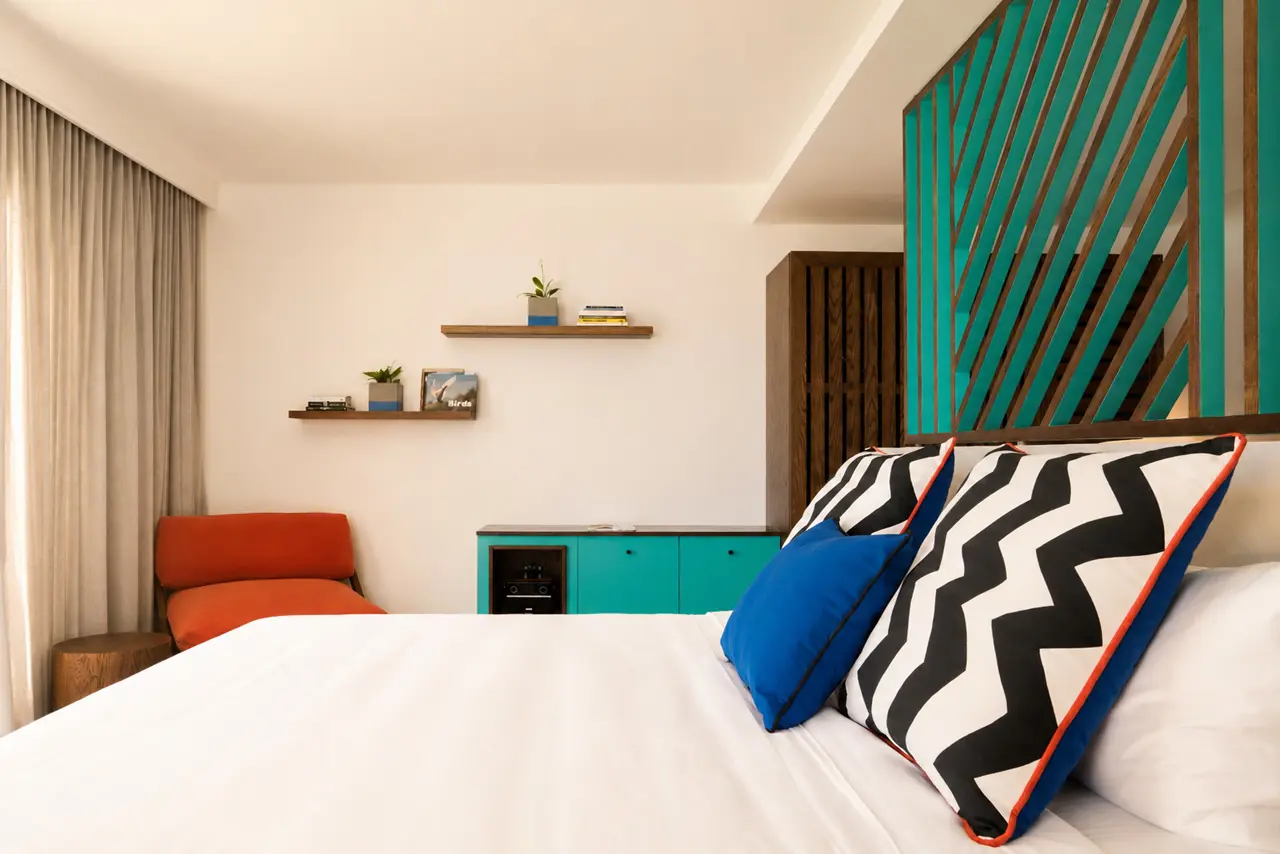 Contemporary guest room with bold colours at SALT of Palmar.