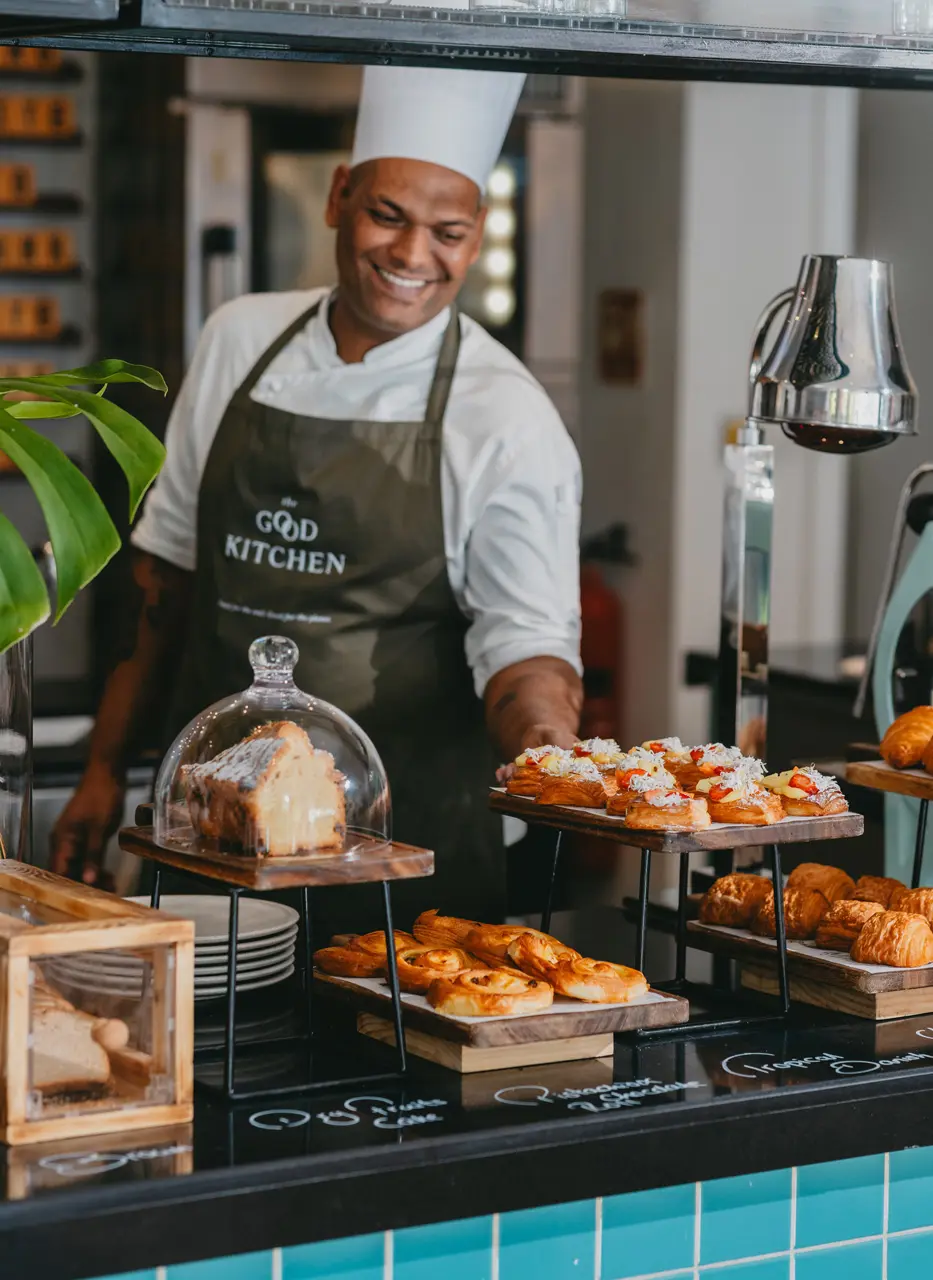 Boulanger présentant des viennoiseries fraîchement sorties du four.