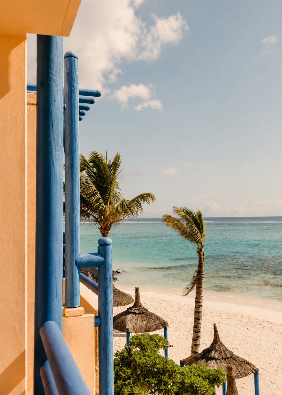 Ocean view from a Bang on Beach room with palm trees and turquoise lagoon.