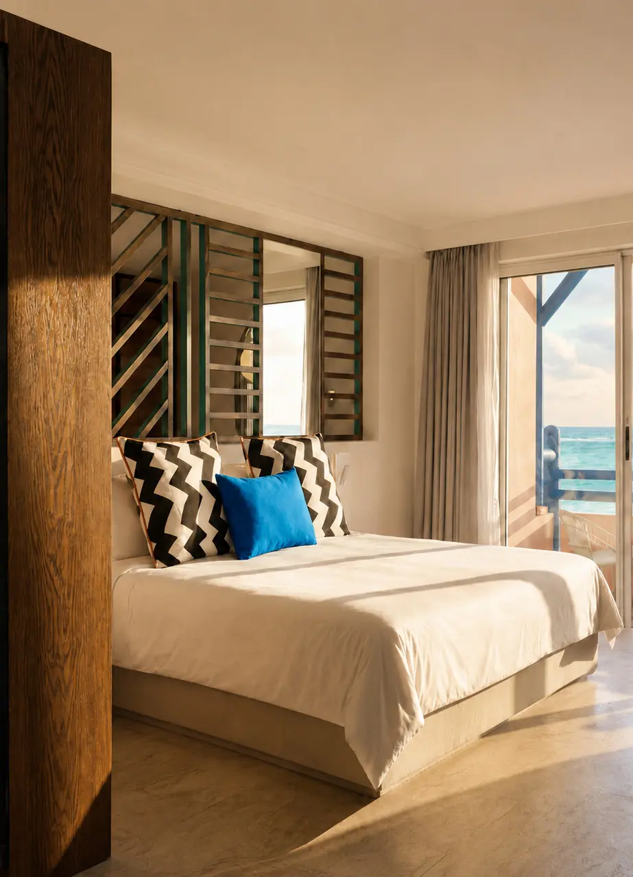 Sunlit hotel room with a king-size bed, patterned cushions, and a private balcony overlooking the ocean.