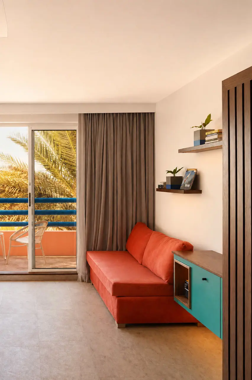 Bright hotel living area with a sofa, private balcony, and views of tropical palm trees.