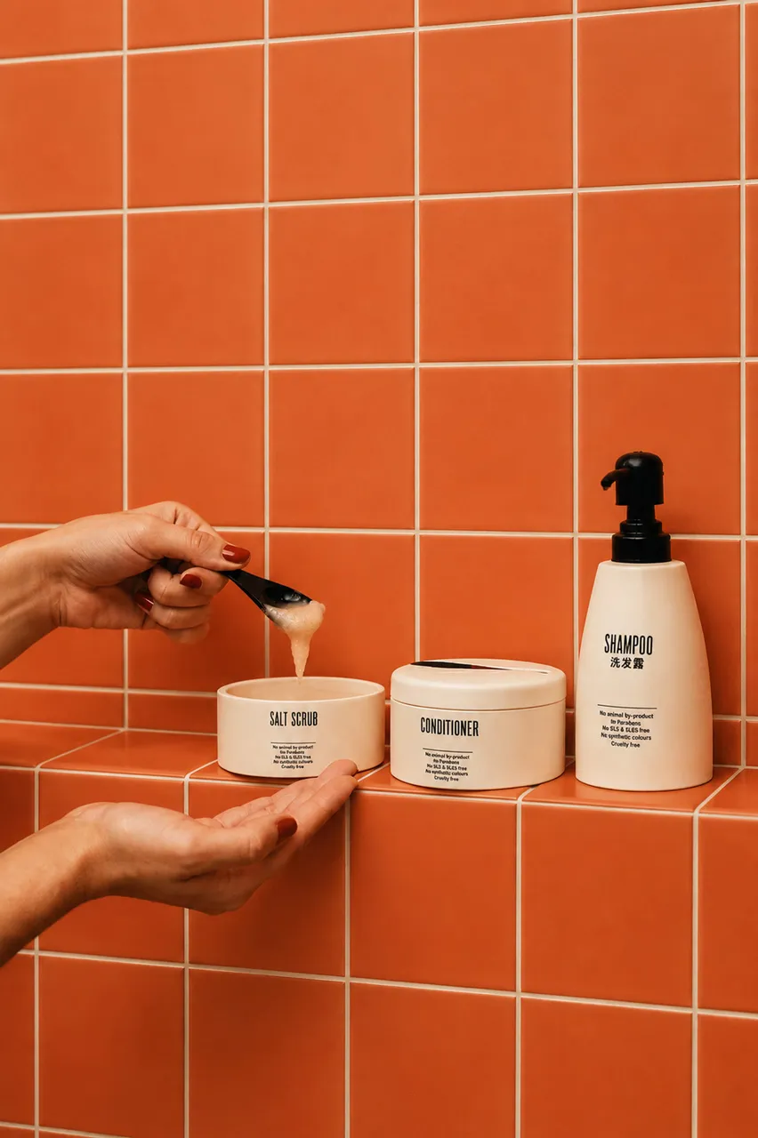 Produits de bain SALT présentés sur des étagères en terre cuite dans la douche Bang on Beach.