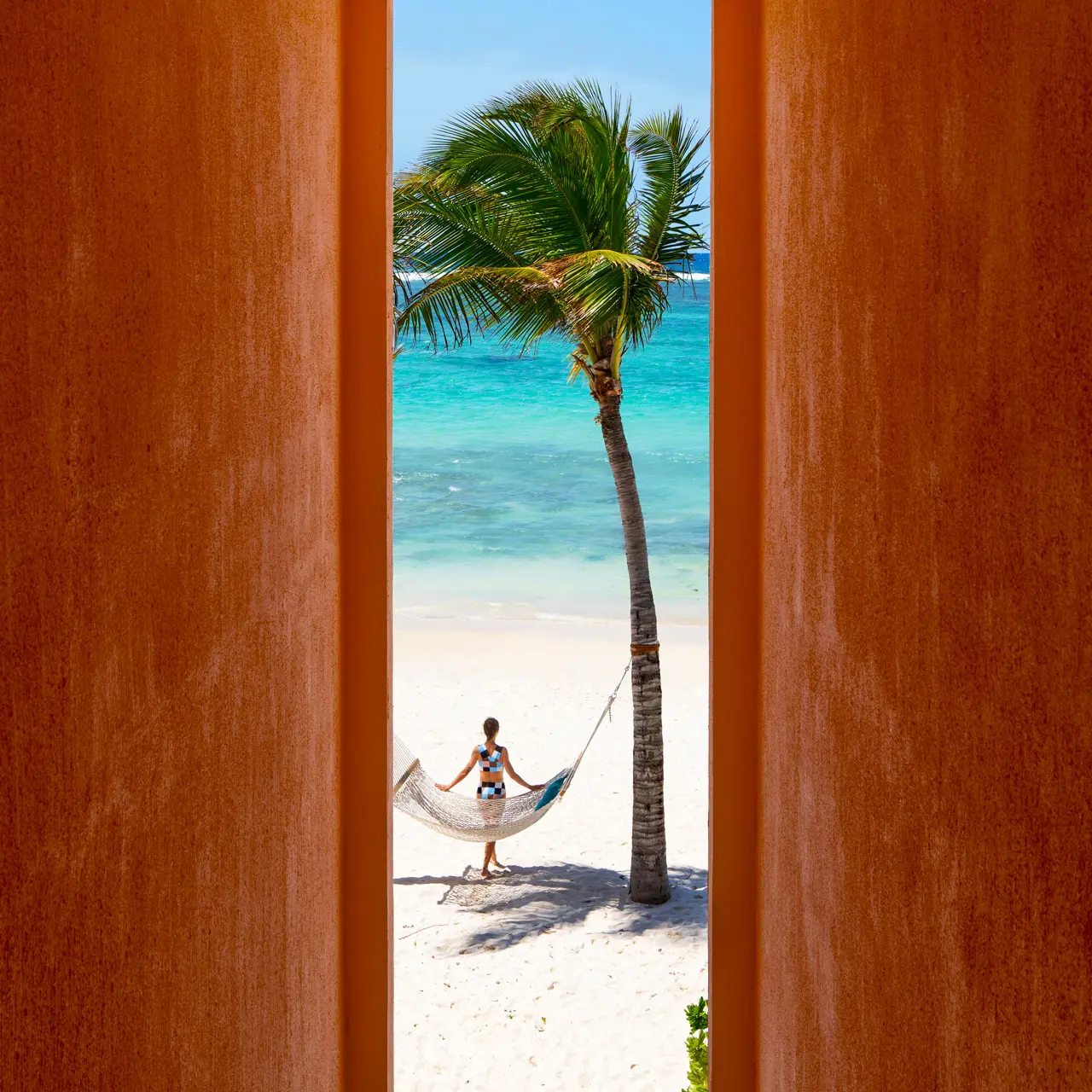 Guest relaxing in a hammock beneath a palm tree by the ocean.