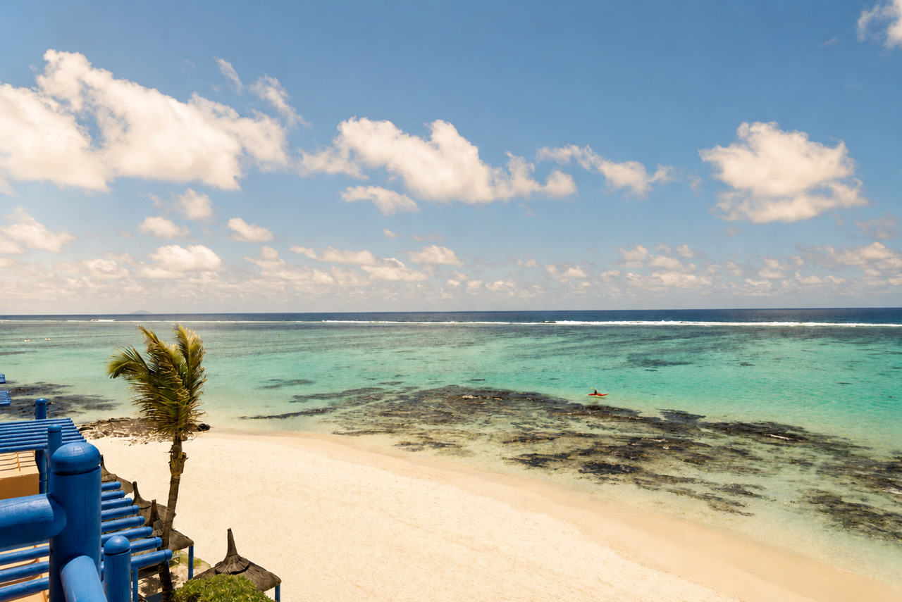 Ocean view with white sand, turquoise lagoon and palm trees.