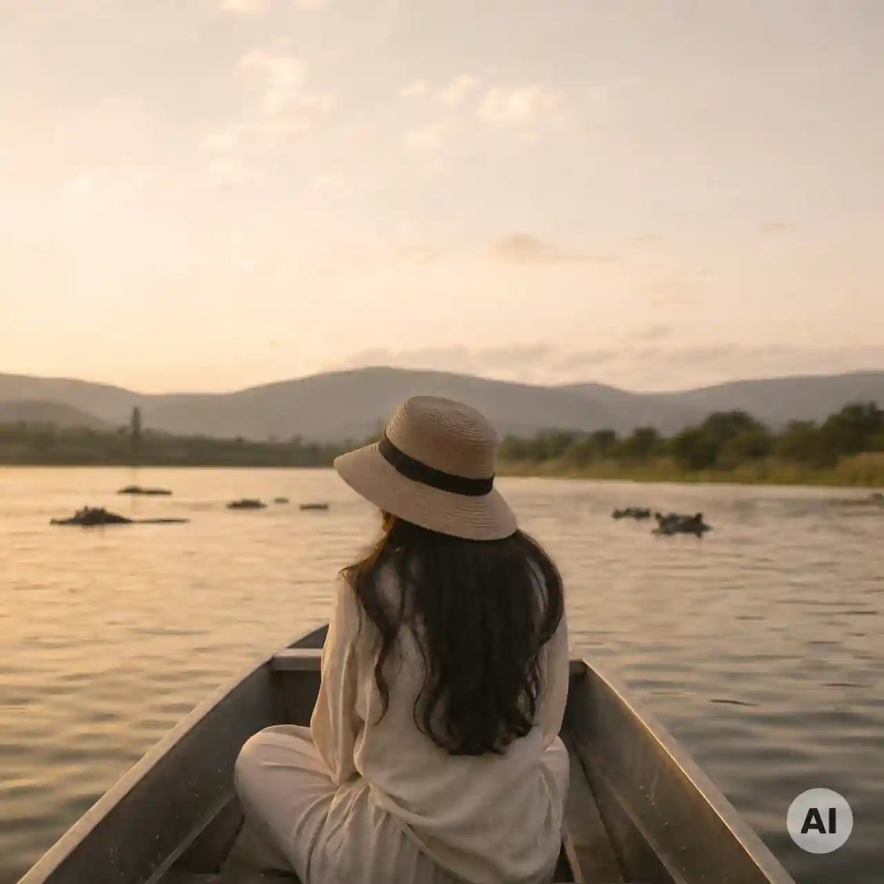 AI-generated image - Boat ride among hippos at sunset.