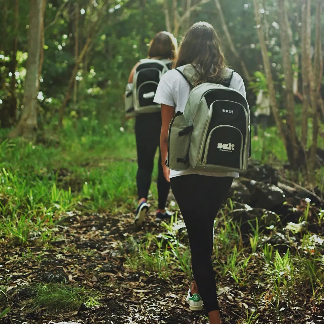 Guests on a forest walk with SALT picnic backpacks.