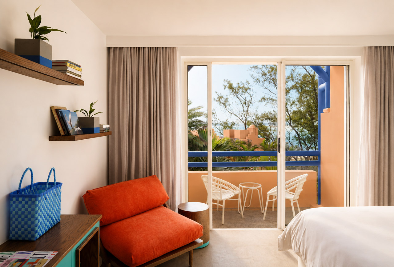 Contemporary hotel room with a private balcony, colourful lounge chair, and views of tropical gardens.
