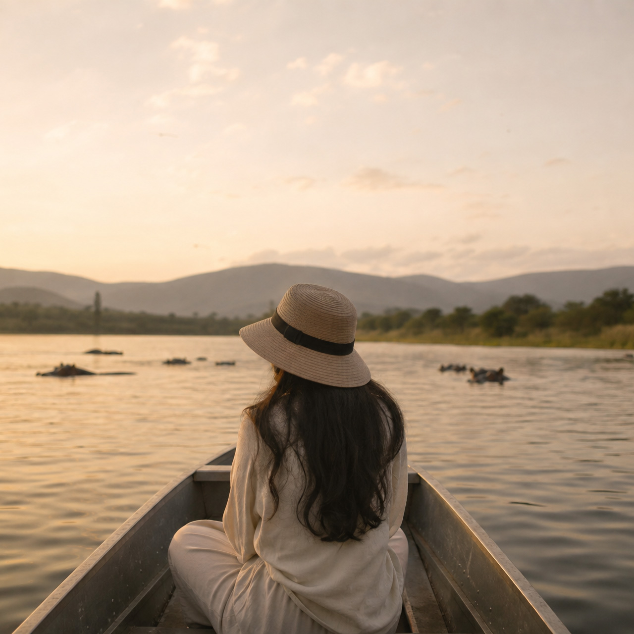 Image générée par l'IA - Balade en bateau sur le lac Ihema avec des hippopotames au coucher du soleil.