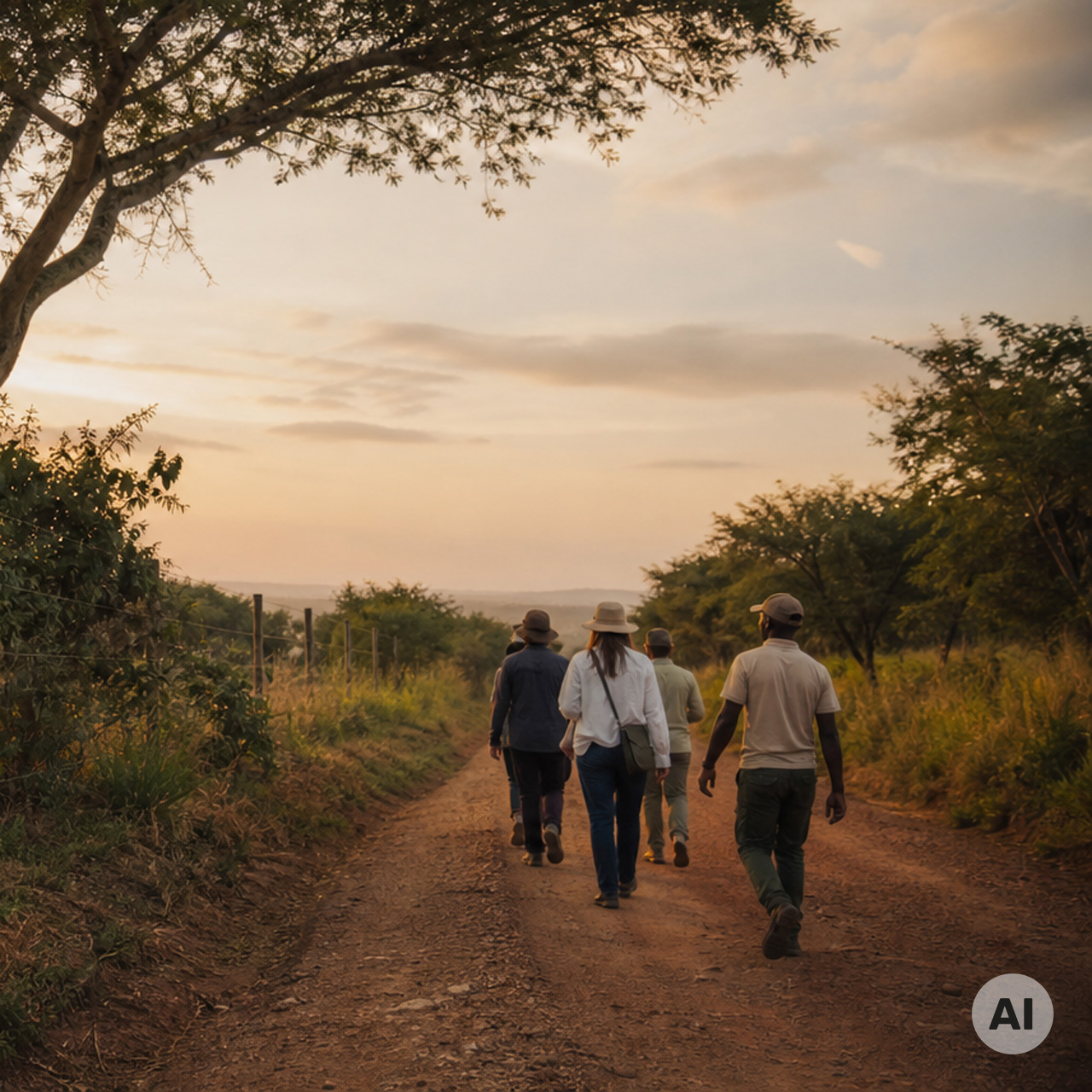 AI-generated image - Guests on a guided nature walk in Akagera.
