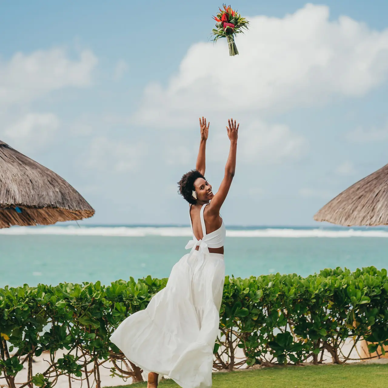 Bride tossing her bouquet by the beach after the wedding ceremony.