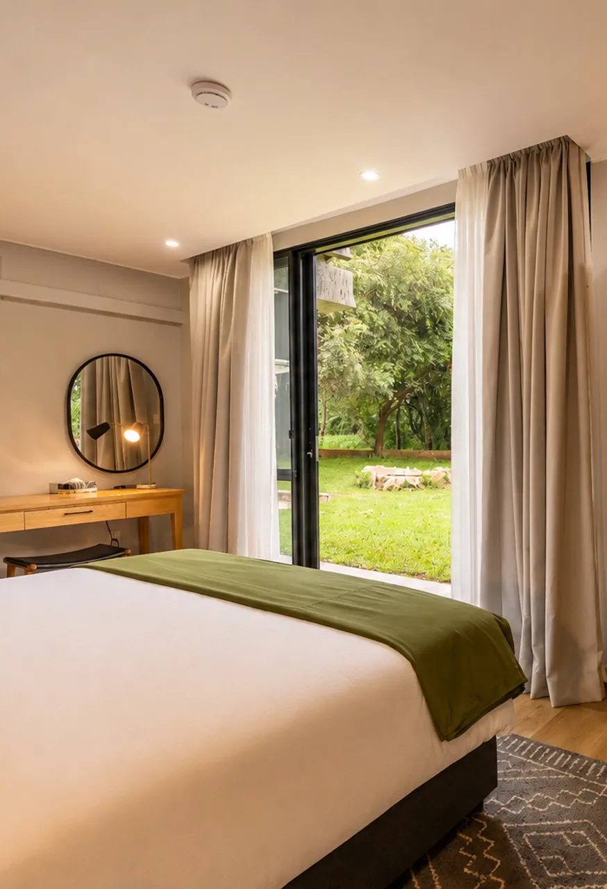 Chambre de la Family Two-Bedroom Villa avec vue sur le jardin.