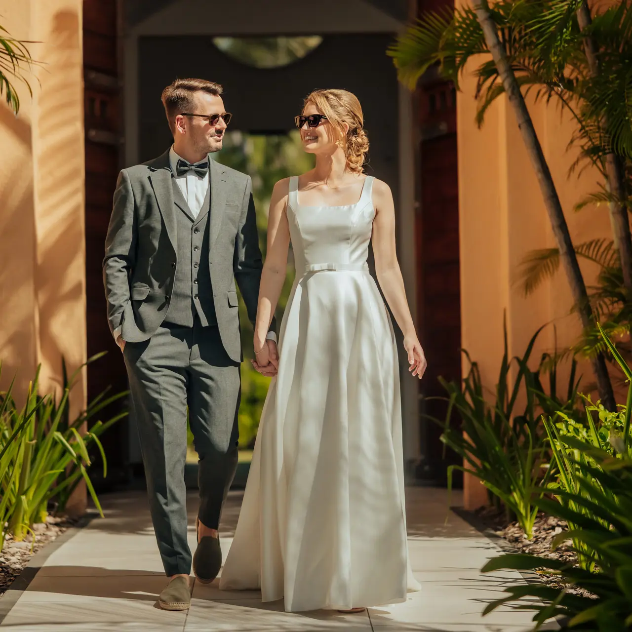 Newlyweds walking together through the resort entrance.