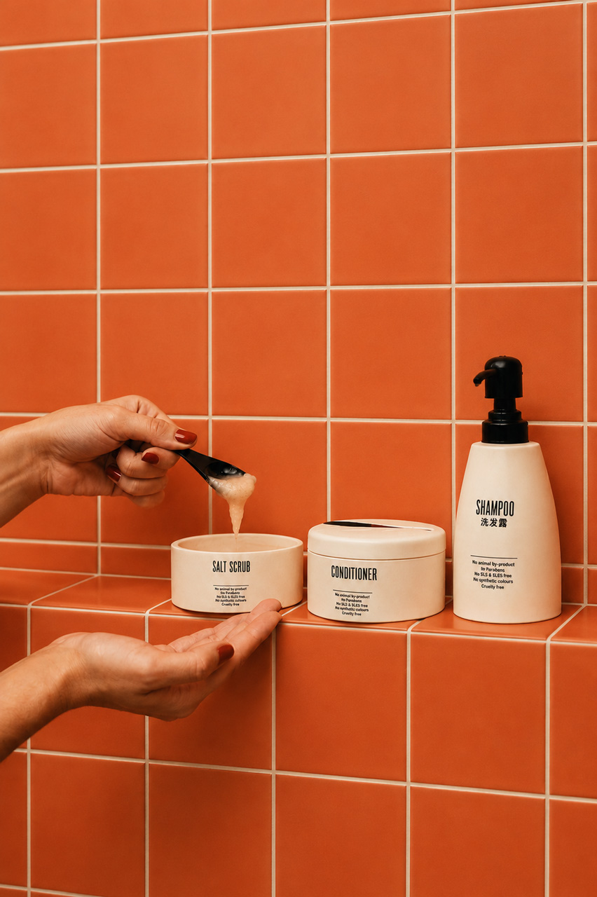SALT bath amenities displayed on terracotta shower shelves at Bang on Beach.