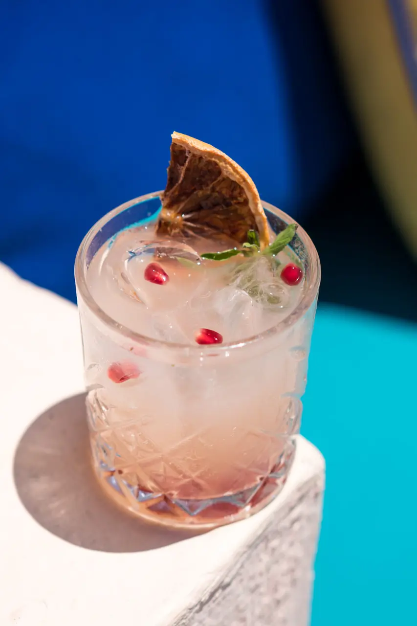 Signature cocktail with citrus, pomegranate and fresh herbs over ice.