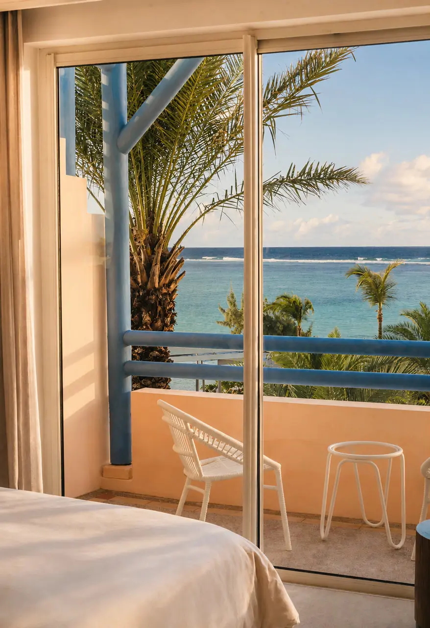 Private balcony with ocean views, tropical palms, and outdoor seating.