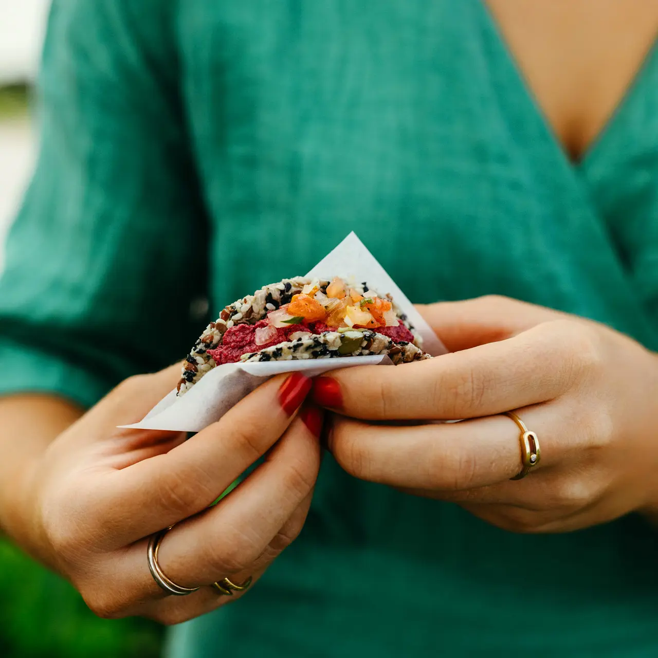 Colourful vegan taco made with wholesome plant-based ingredients.
